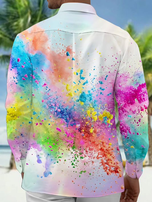 Adaychic Men's Graphic Abstract Colorful Powder Splatter Print Long Sleeve Button Down Shirt with Chest Pocket