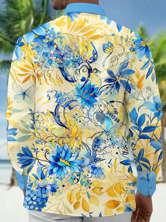 Adaychic Men's Blue Watercolor Flowers Print Long Sleeve Shirt with Chest Pocket