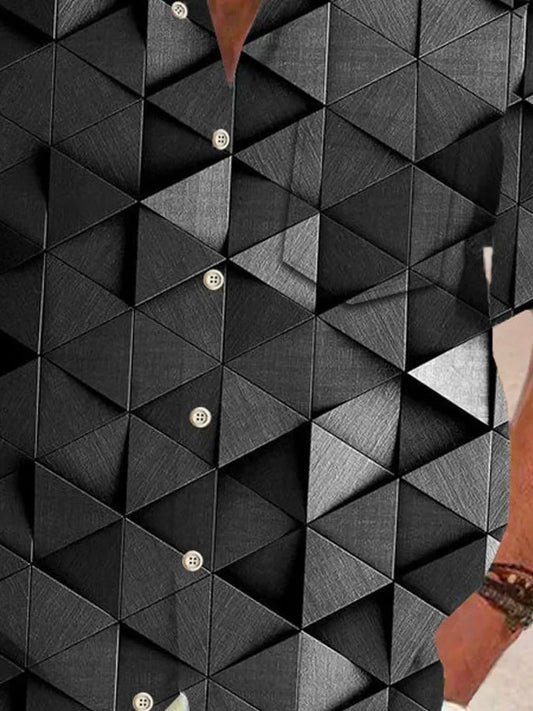 Adaychic Men's 3D Geometric Triangle Print Short Sleeve Button Down Shirt with Chest Pocket