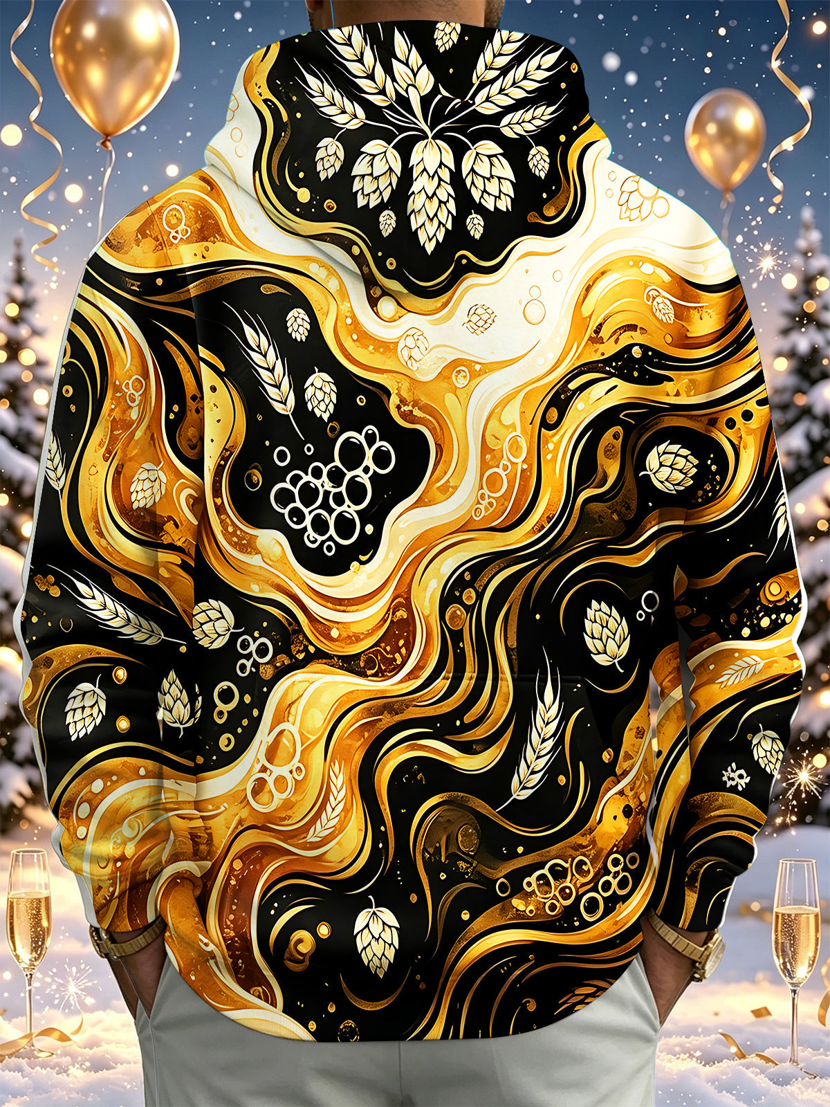 Adaychic Men's Patterned Gold Fluid Beer Hops Pattern Long Sleeve Hoodie