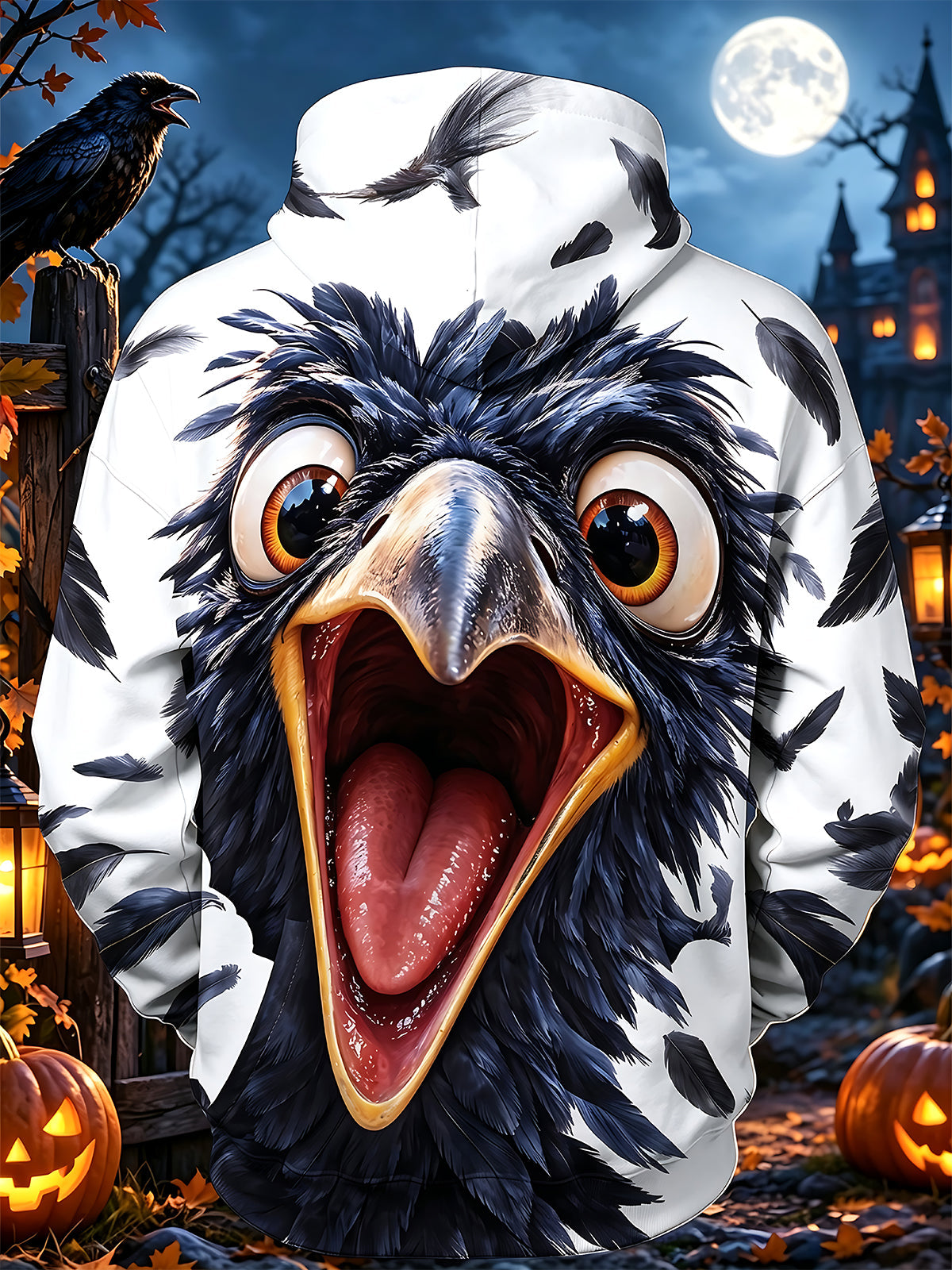 Adaychic Men's Halloween Crow Face And Feathers Print Long Sleeve Hoodie