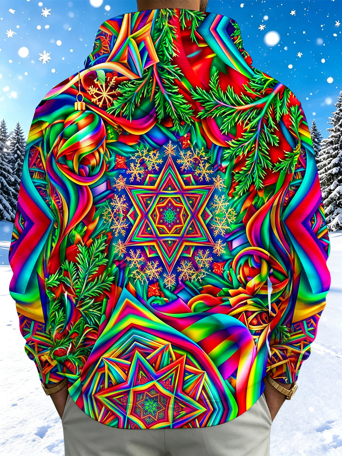 Adaychic Men's Long Sleeve Hoodie - Christmas Psychedelic Mandala With Snowflakes And Pine Branches Print
