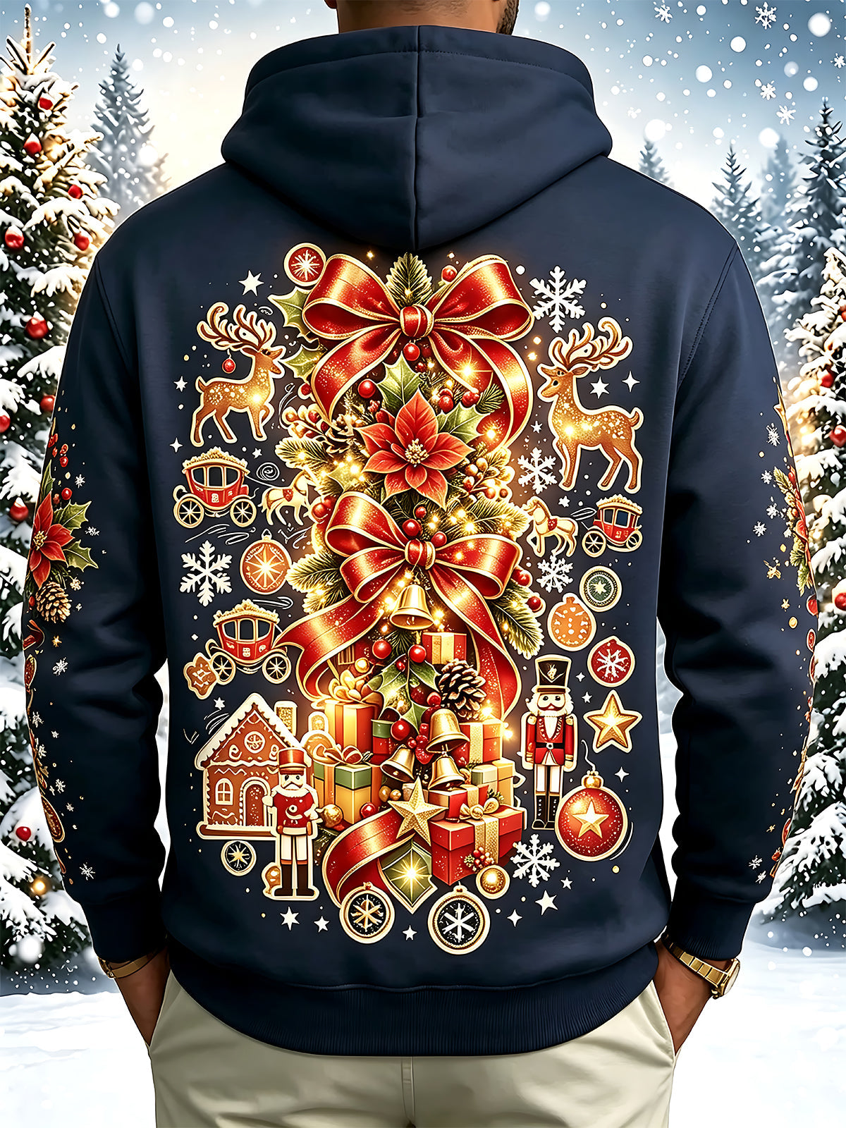 Adaychic Men's Long Sleeve Hoodie - Christmas Nutcracker Soldiers And Reindeer Print