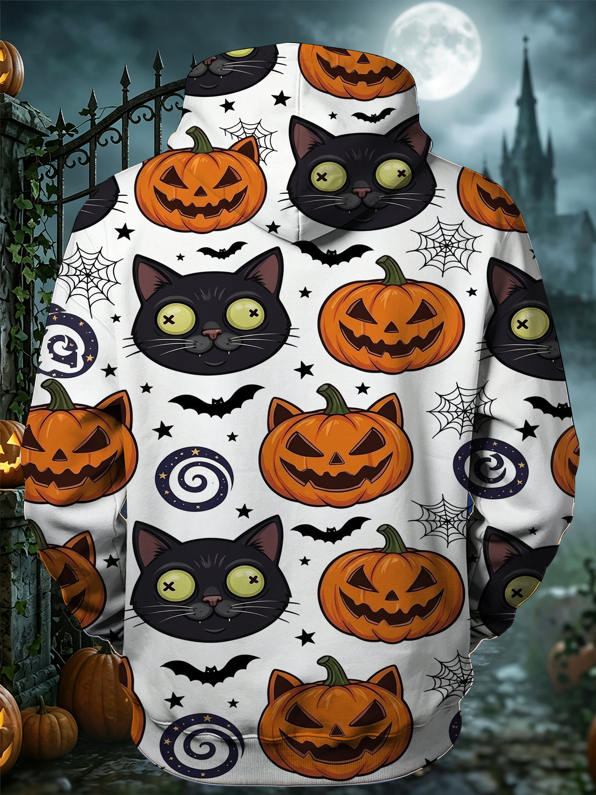 Adaychic Men's Graphic Halloween Black Cat Print Long Sleeve Hoodie