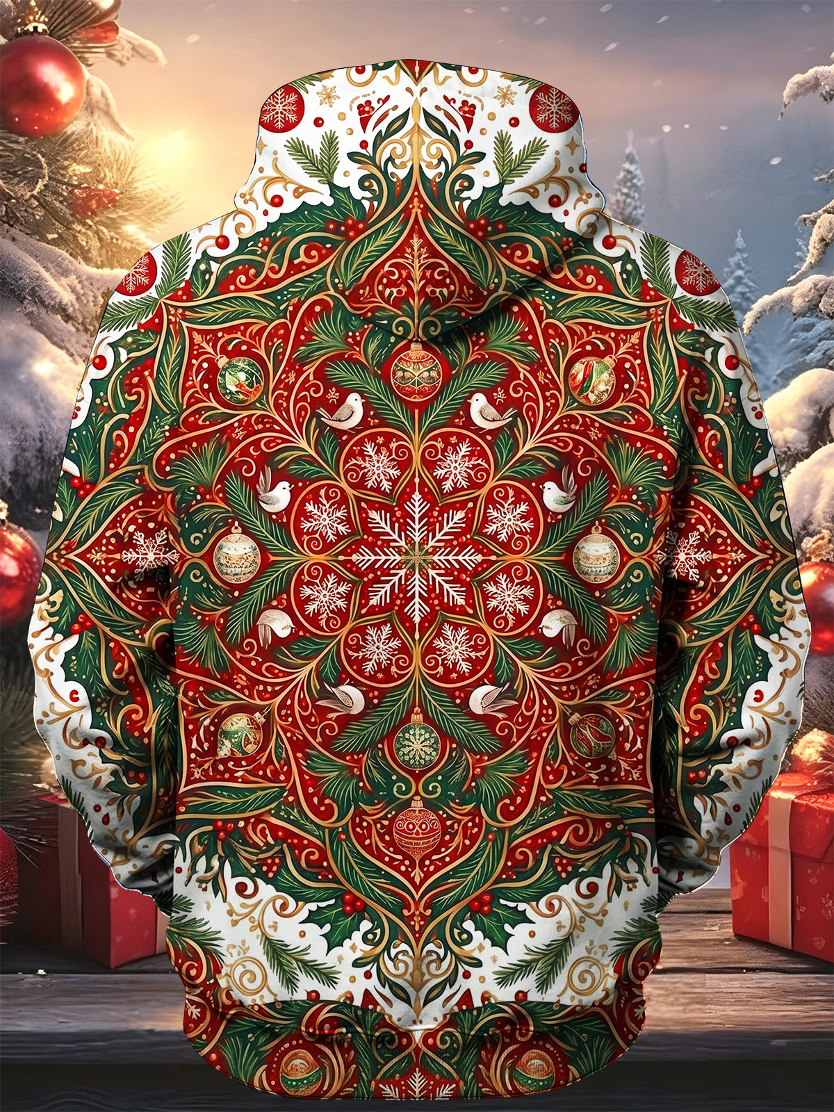 Adaychic Men's Long Sleeve Zip-Up Hoodie - Christmas Dove And Snowflake Pattern With Ornaments