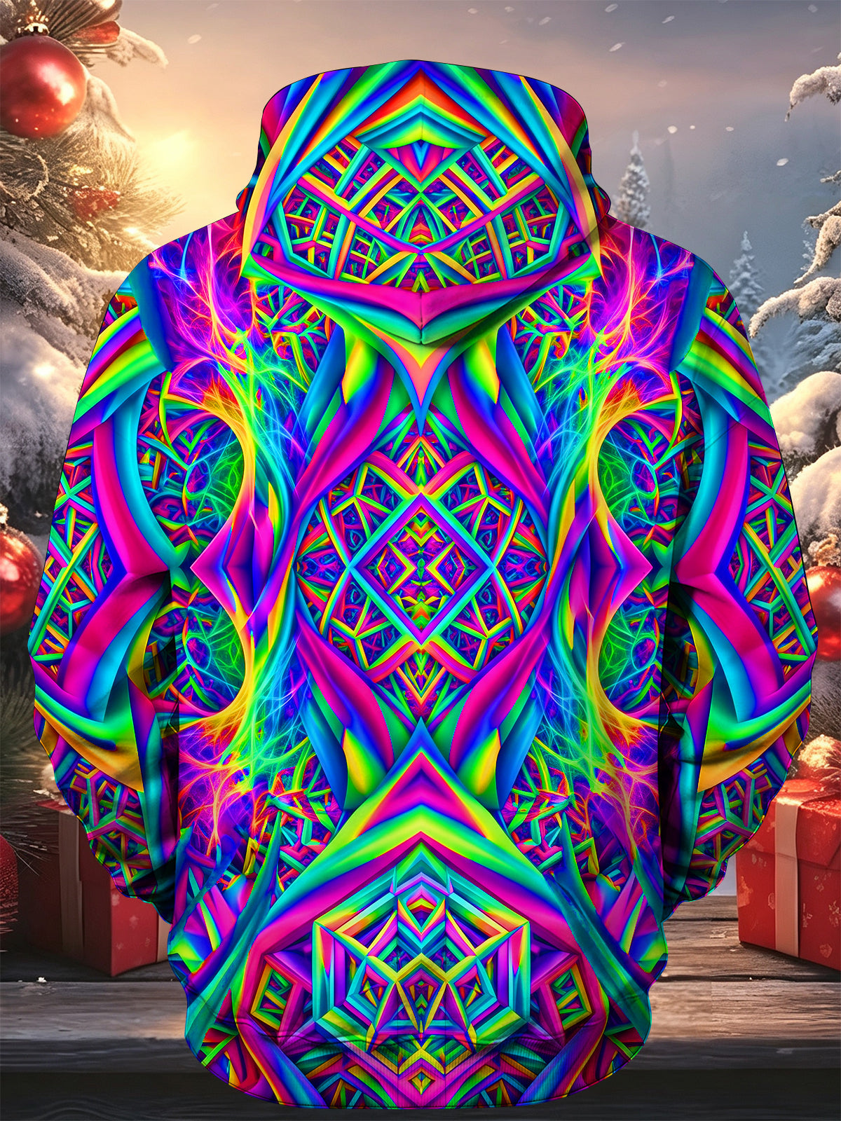 Adaychic Men's Long Sleeve Zip-Up Hoodie - Colorful Psychedelic Geometric Fractal Art Print