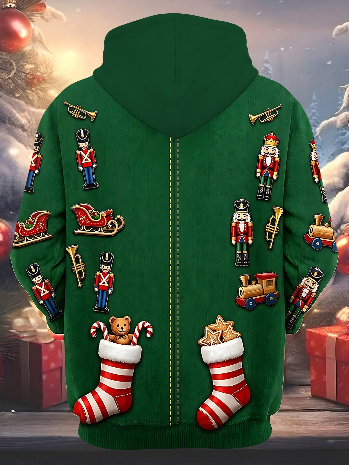Adaychic Men's Graphic Christmas Stockings And Sleigh Print Long Sleeve Hoodie