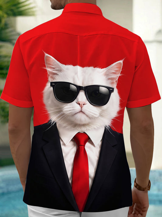 Adaychic Men's Graphic Cat In Suit And Sunglasses Print Short Sleeve Shirt with Chest Pocket