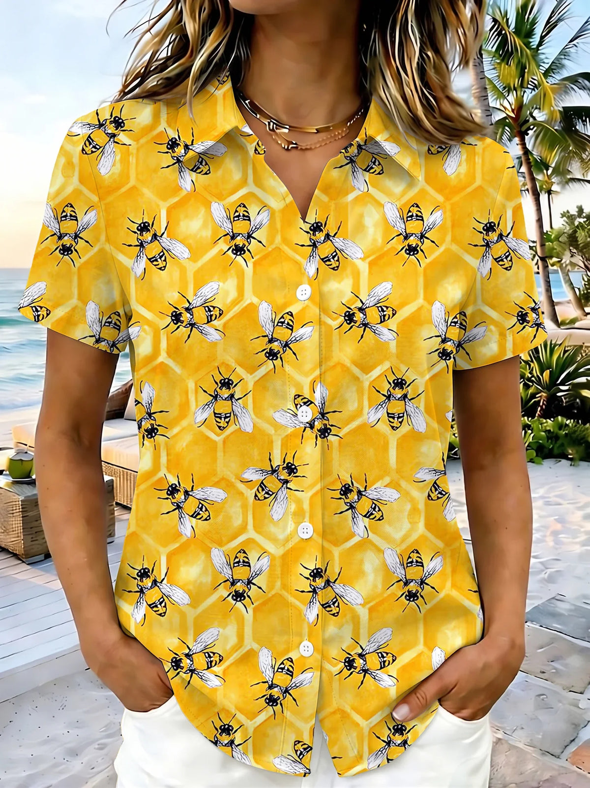 Adaychic Bee Honeycomb Pattern Print Short Sleeve Matching Couple Shirts with Chest Pocket