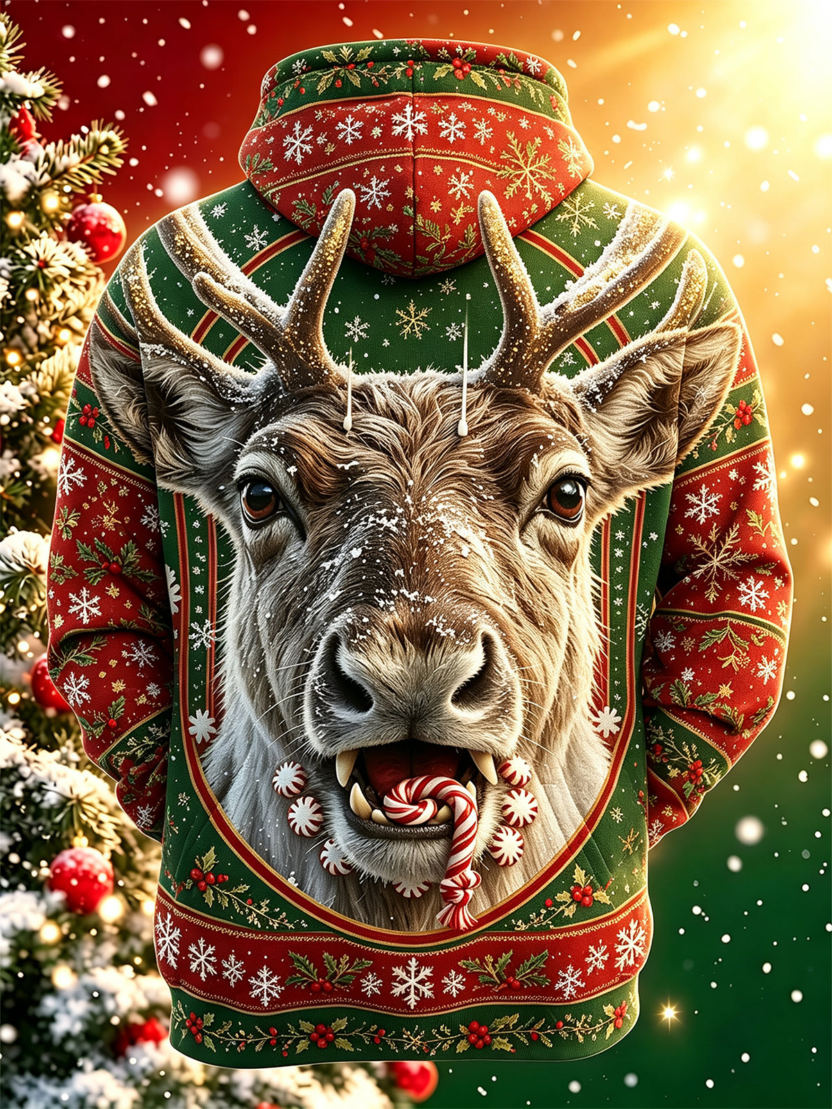 Adaychic Men's Graphic Christmas Reindeer Print Long Sleeve Hoodie with Chest Pocket