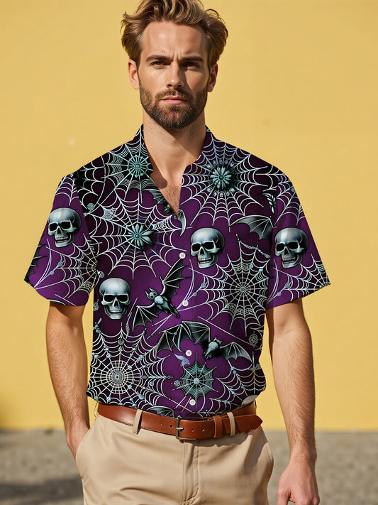 Skull Bat Spider Web Print Men's Pocket Short Sleeve Shirts