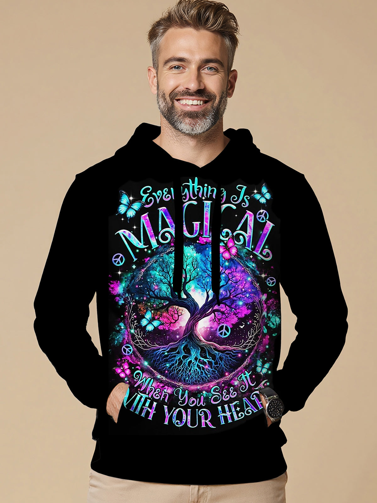 Magic Tree Letters Long Sleeve Hooded Pocket Men's Top