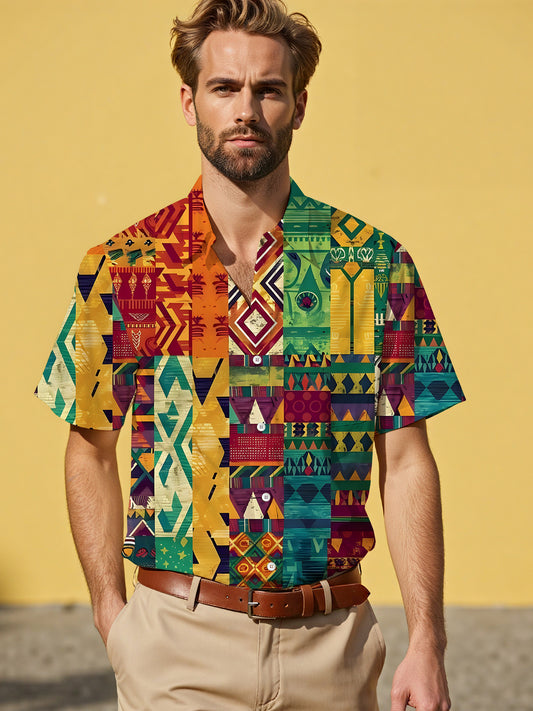 Vintage Geometric Print Men's Pocket Short Sleeve Shirts