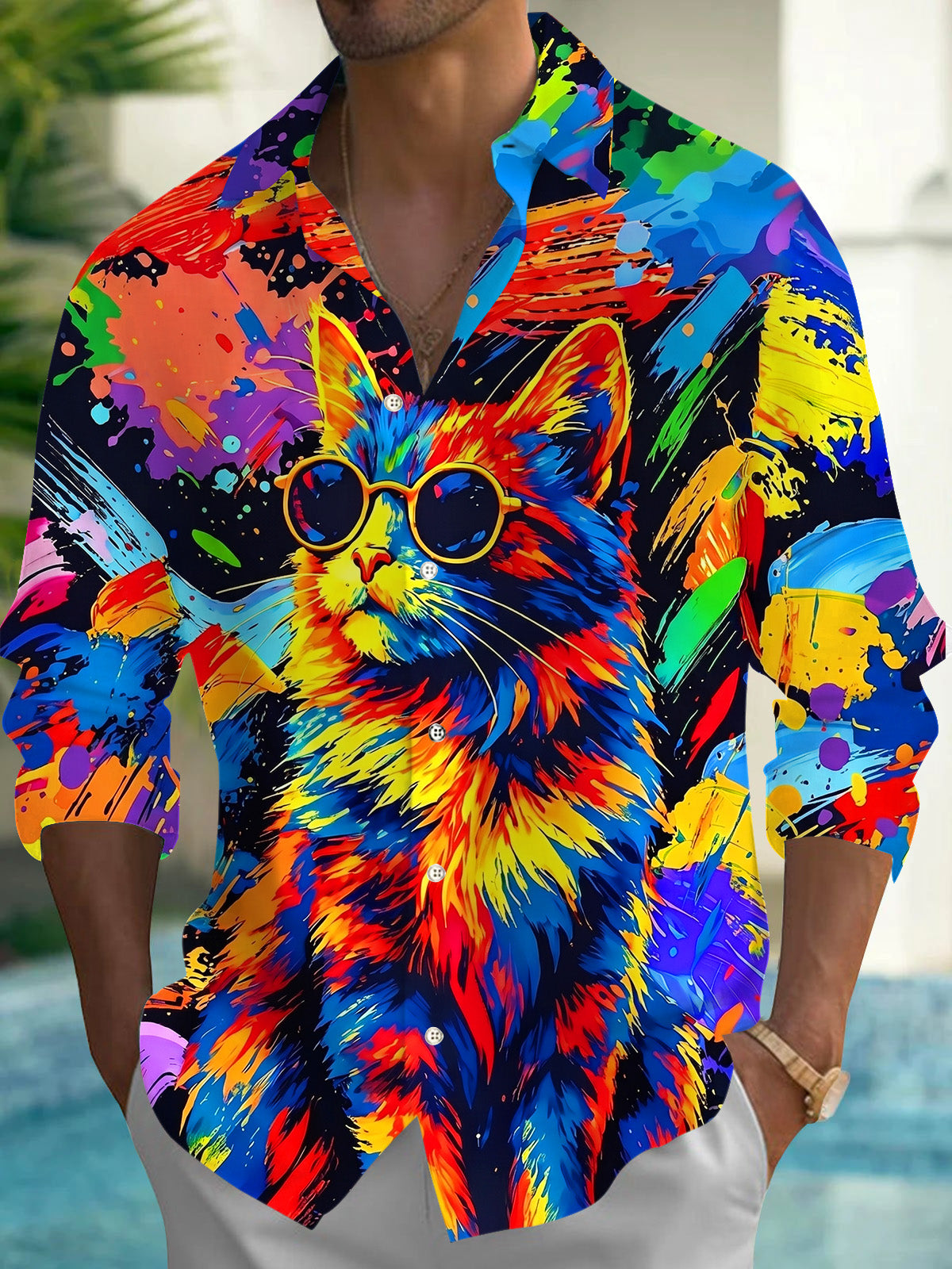 Adaychic Men's Abstract Colorful Cat Sunglasses Graphic Print Long Sleeve Button Down Shirt with Chest Pocket