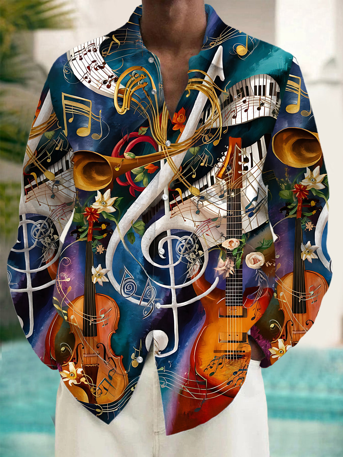 Adaychic Men's Graphic Floral Musical Instruments And Notes Print Long Sleeve Button Down Shirt with Chest Pocket