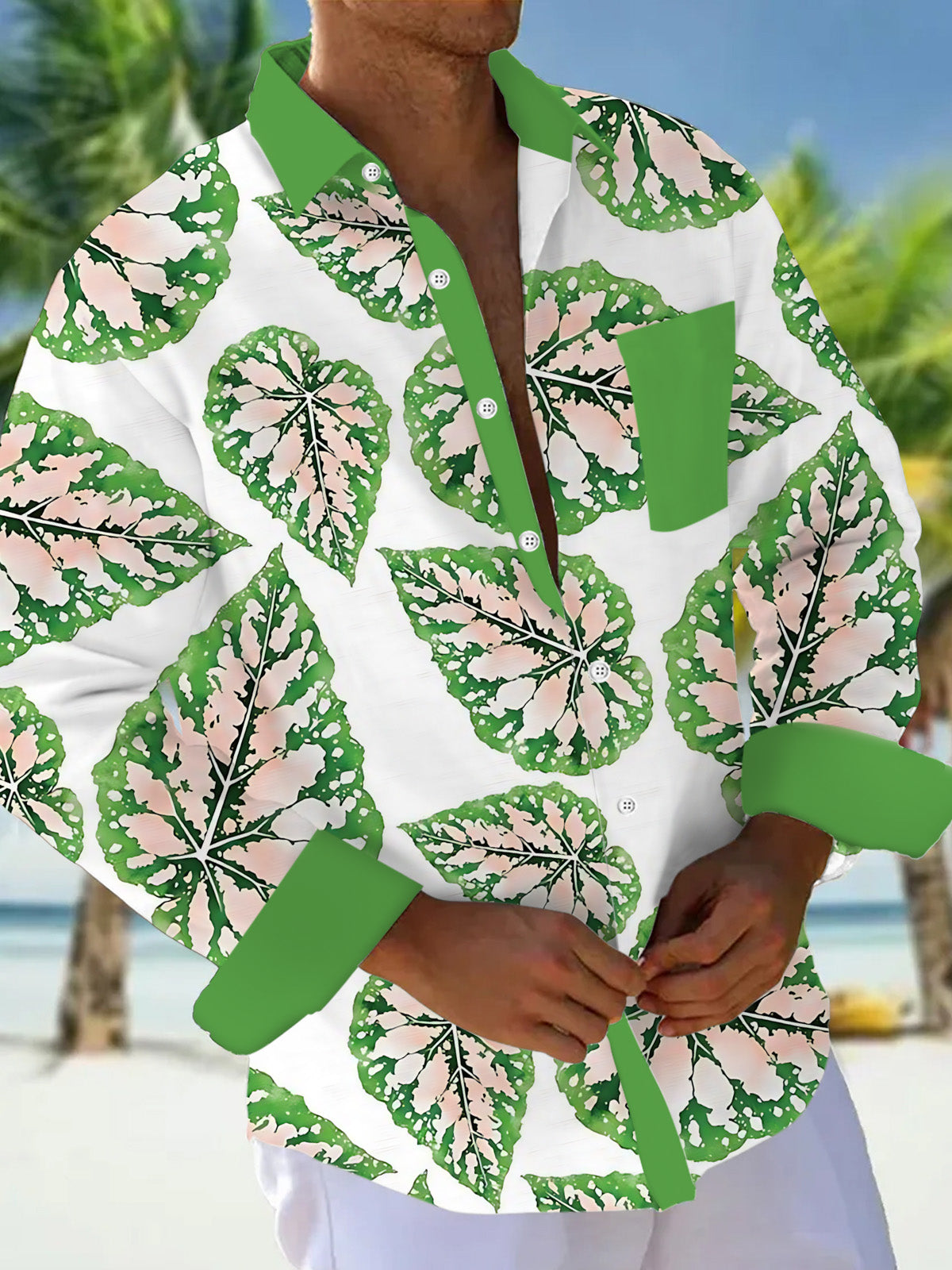 Adaychic Men's Green Pink Tropical Leaf Print Long Sleeve Button Down Shirt with Chest Pocket
