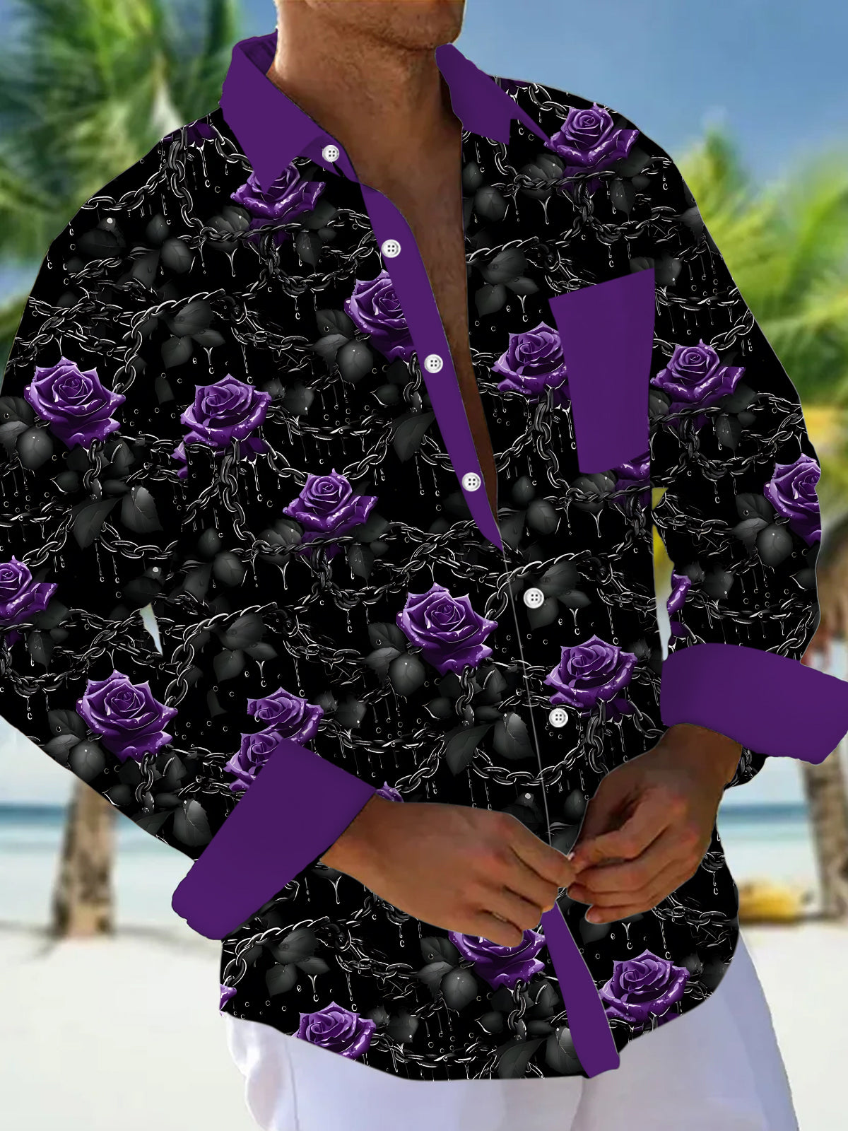 Adaychic Men's Graphic Floral Purple Rose Chain Print Long Sleeve Button Down Shirt with Chest Pocket
