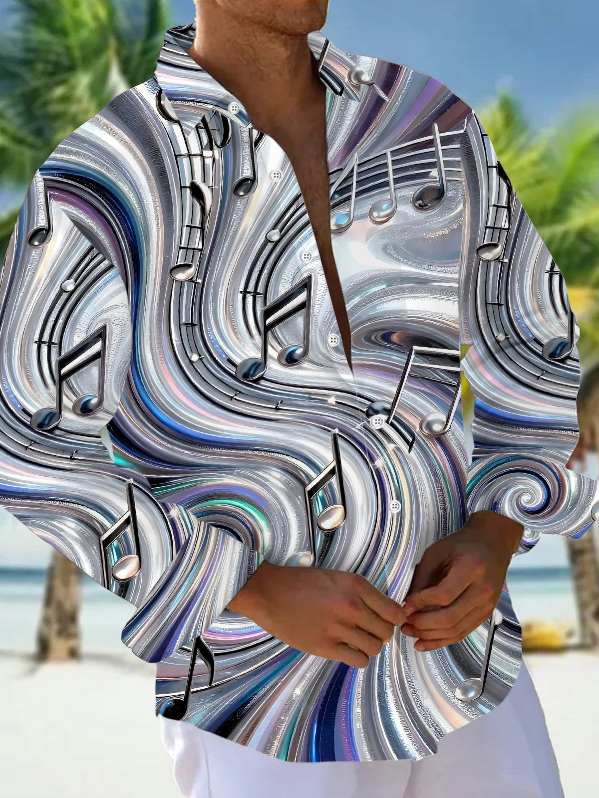 Adaychic Men's Graphic 3D Abstract Musical Note Swirl Print Long Sleeve Button Down Shirt with Chest Pocket