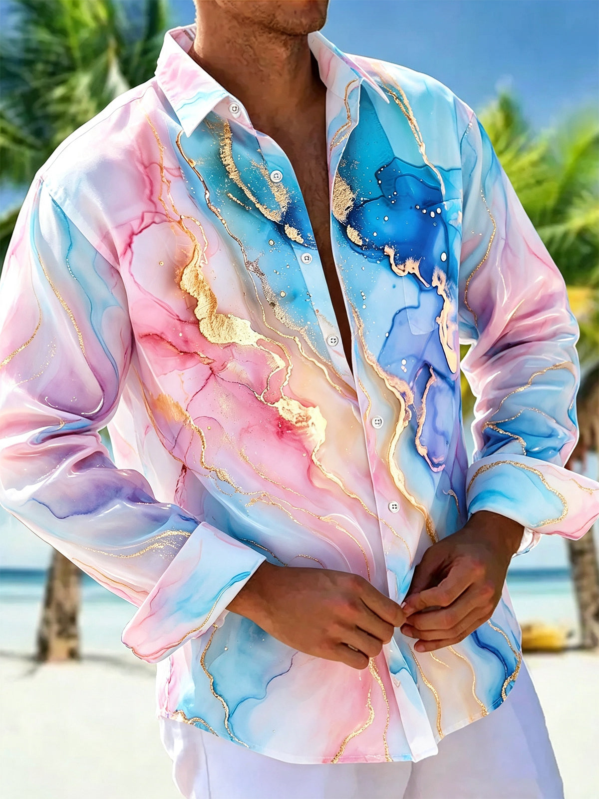 Adaychic Men's Abstract Watercolor Marble Print Long Sleeve Button Down Shirt with Chest Pocket