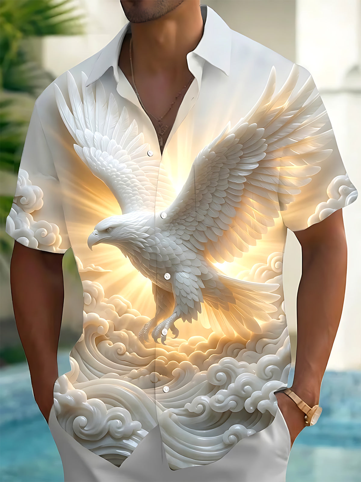 Adaychic Men's 3D 3D Eagle Print Clouds Print Short Sleeve Shirt with Chest Pocket
