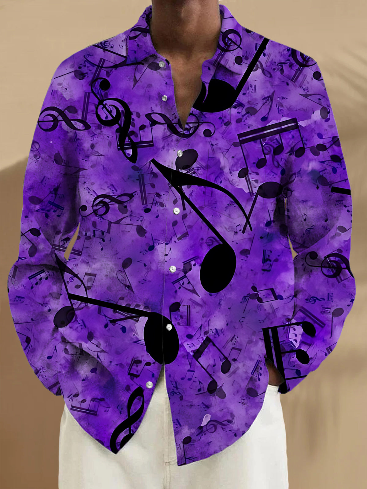 Adaychic Men's Printed Music Notes Print Long Sleeve Shirt with Chest Pocket