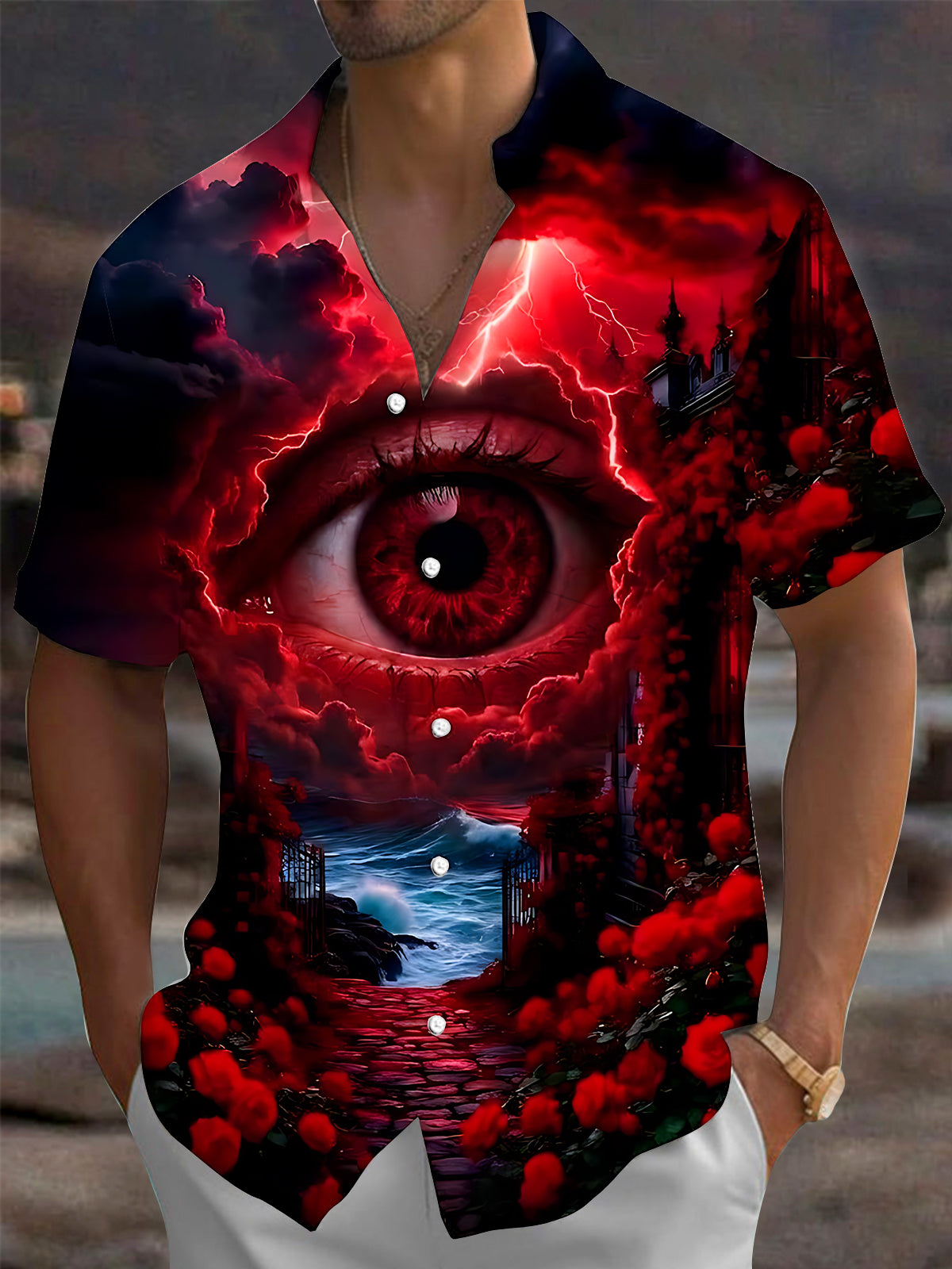 Adaychic Men's Graphic Giant Red Eye Print Dark Castle Print Short Sleeve Shirt with Chest Pocket