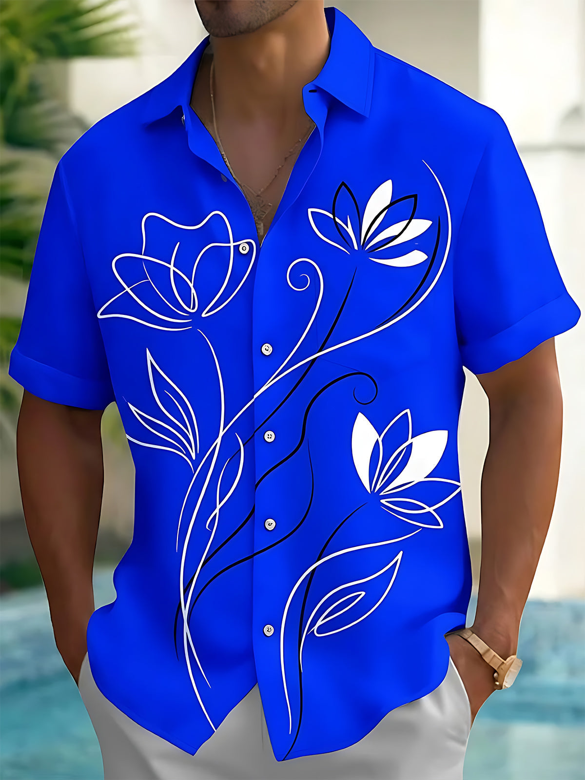 Adaychic Men's Hawaiian White Floral Line Art Print Short Sleeve Shirt with Chest Pocket