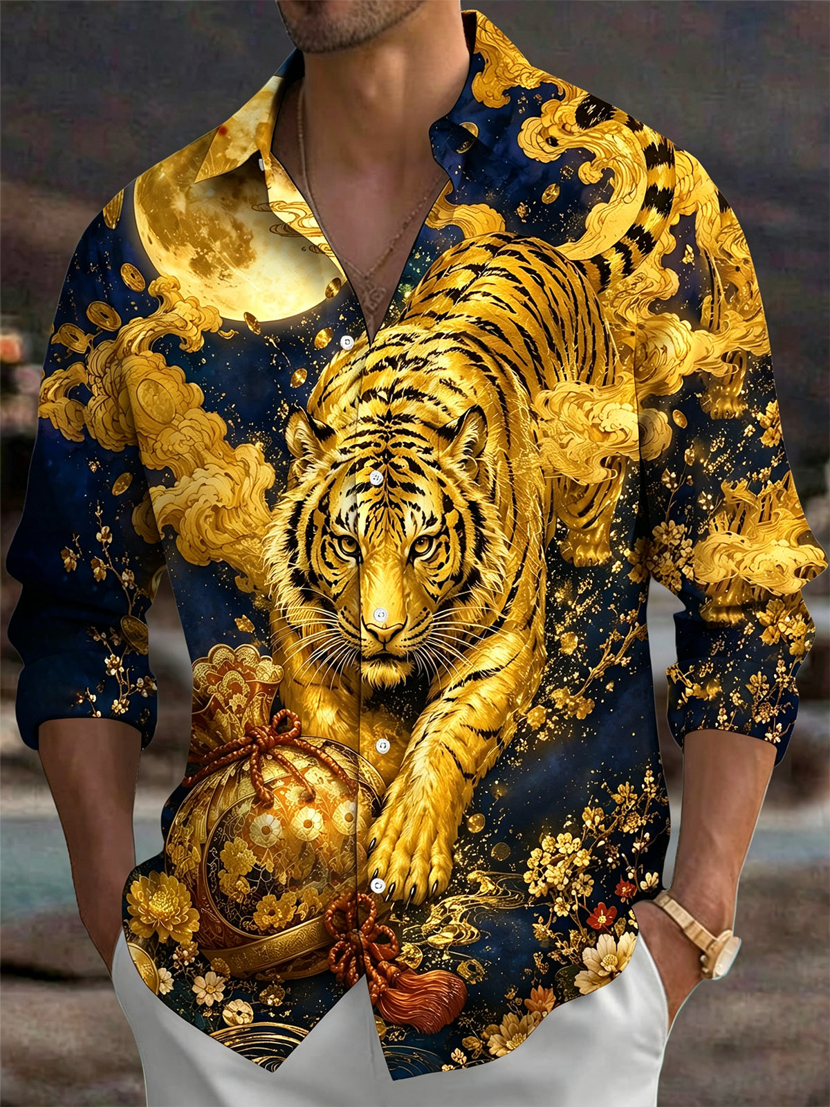 Adaychic Men's Graphic Golden Tiger Print Full Moon Print Long Sleeve Shirt with Chest Pocket