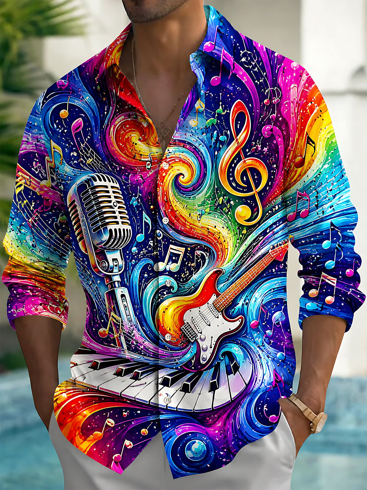 Adaychic Men's Graphic Musical Instruments Print Long Sleeve Shirt with Chest Pocket