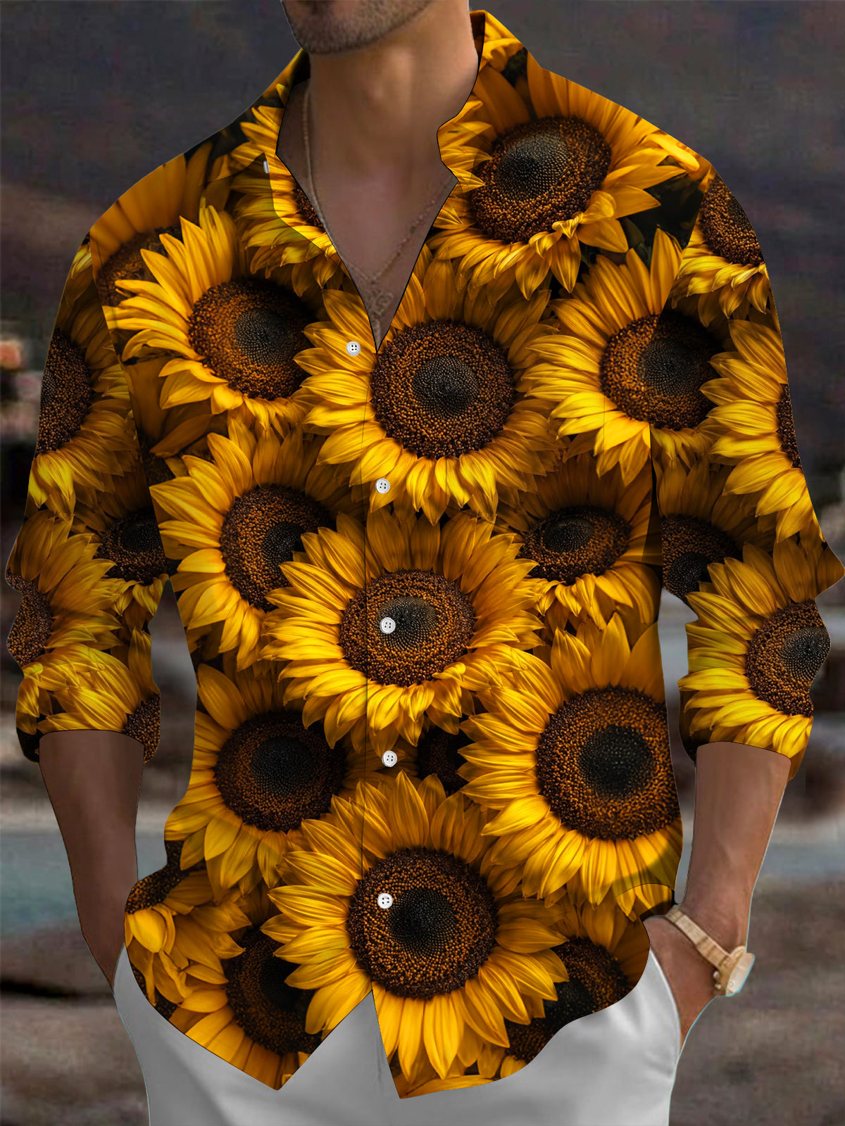Adaychic Men's Hawaiian Sunflower Print Long Sleeve Shirt with Chest Pocket
