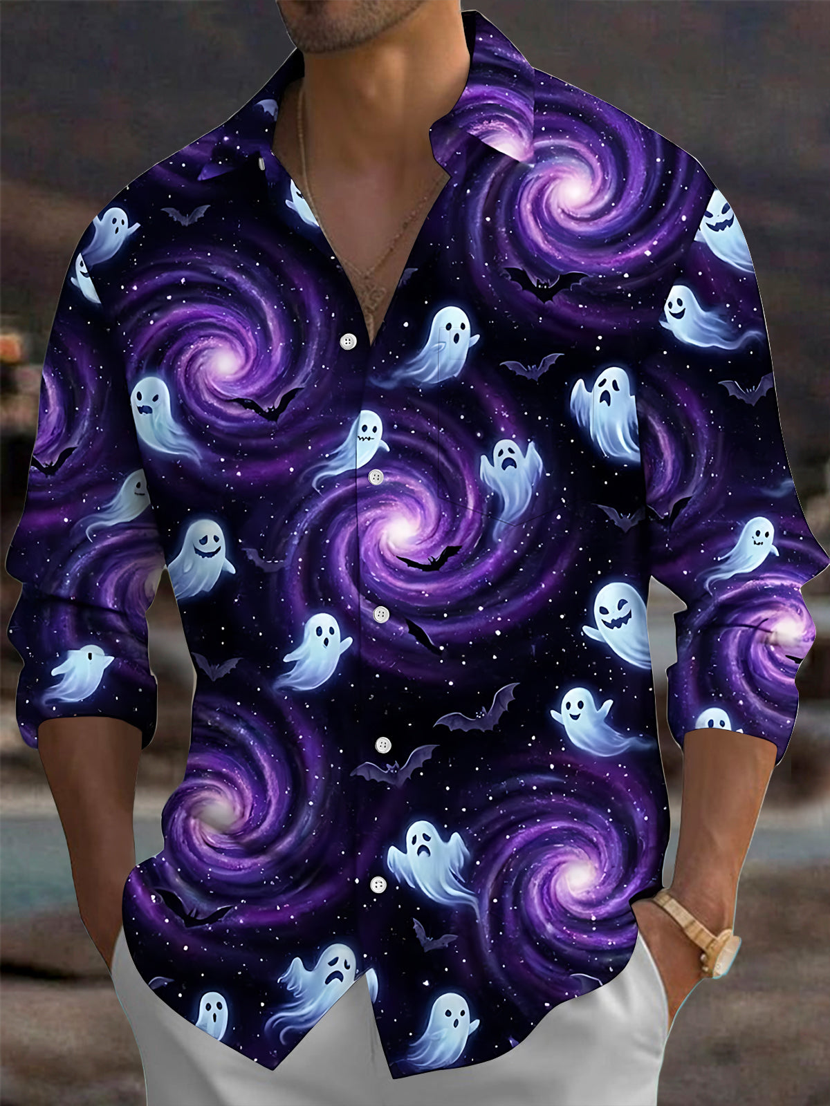 Adaychic Men's Graphic Halloween Ghosts Print Long Sleeve Shirt with Chest Pocket