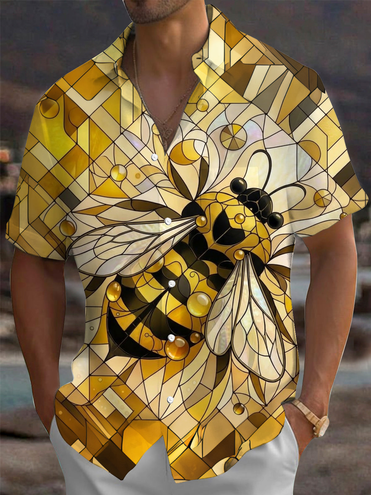 Adaychic Men's Printed Stained Glass Bee Print Short Sleeve Shirt with Chest Pocket