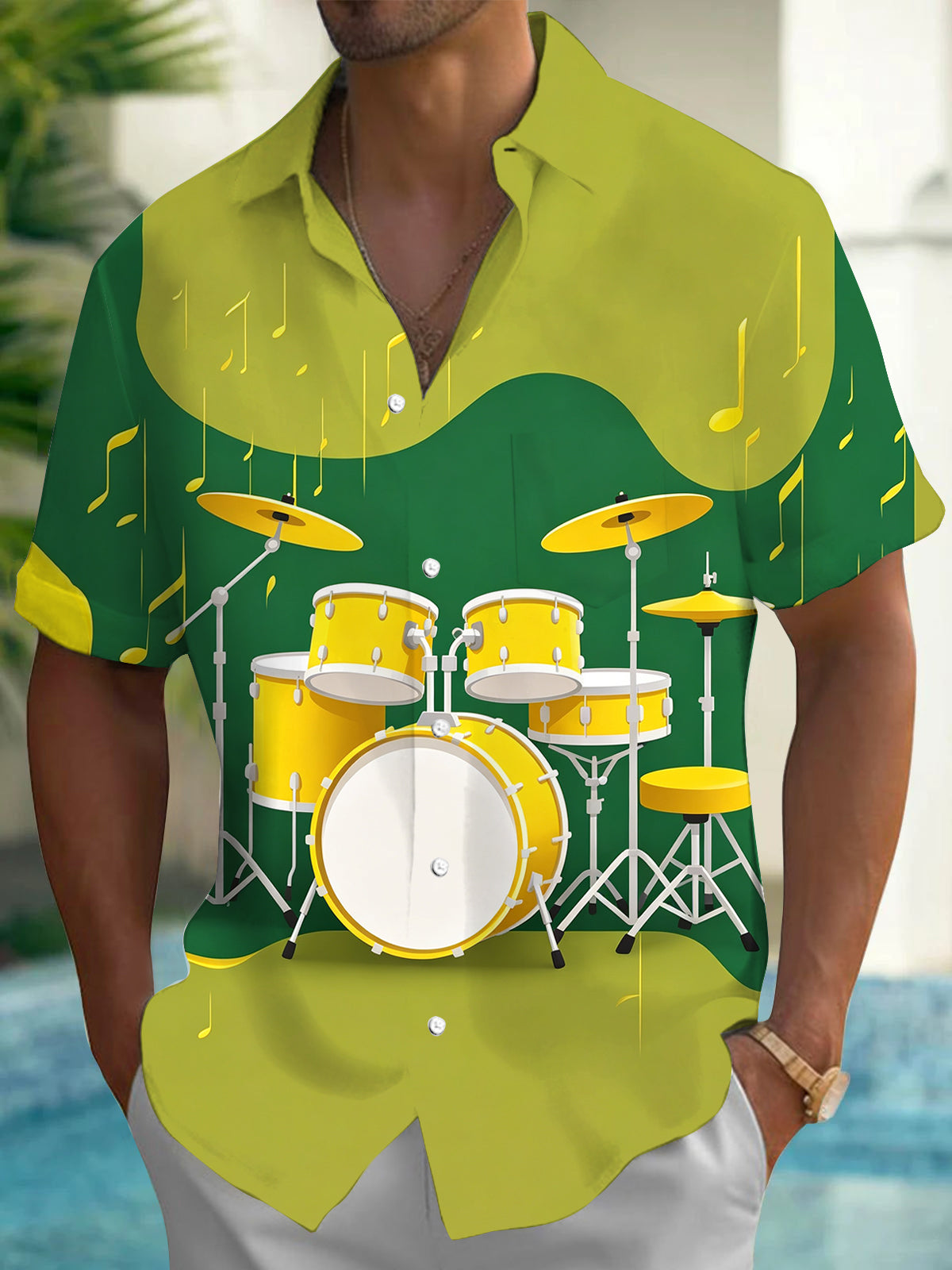 Adaychic Men's Hawaiian Drum Set Print Musical Notes Print Short Sleeve Shirt with Chest Pocket