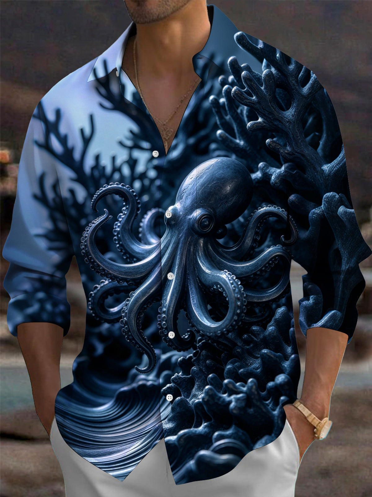Adaychic Men's Graphic Octopus Print Coral Reef Print Long Sleeve Shirt with Chest Pocket