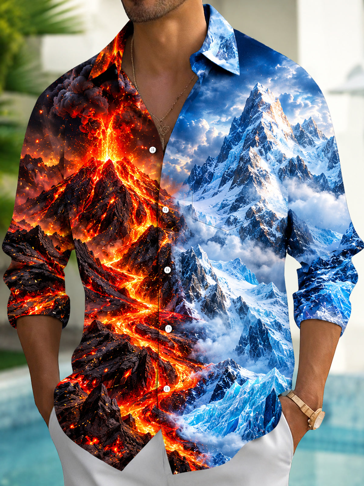 Adaychic Men's Printed Volcanic Eruption Print Long Sleeve Shirt with Chest Pocket