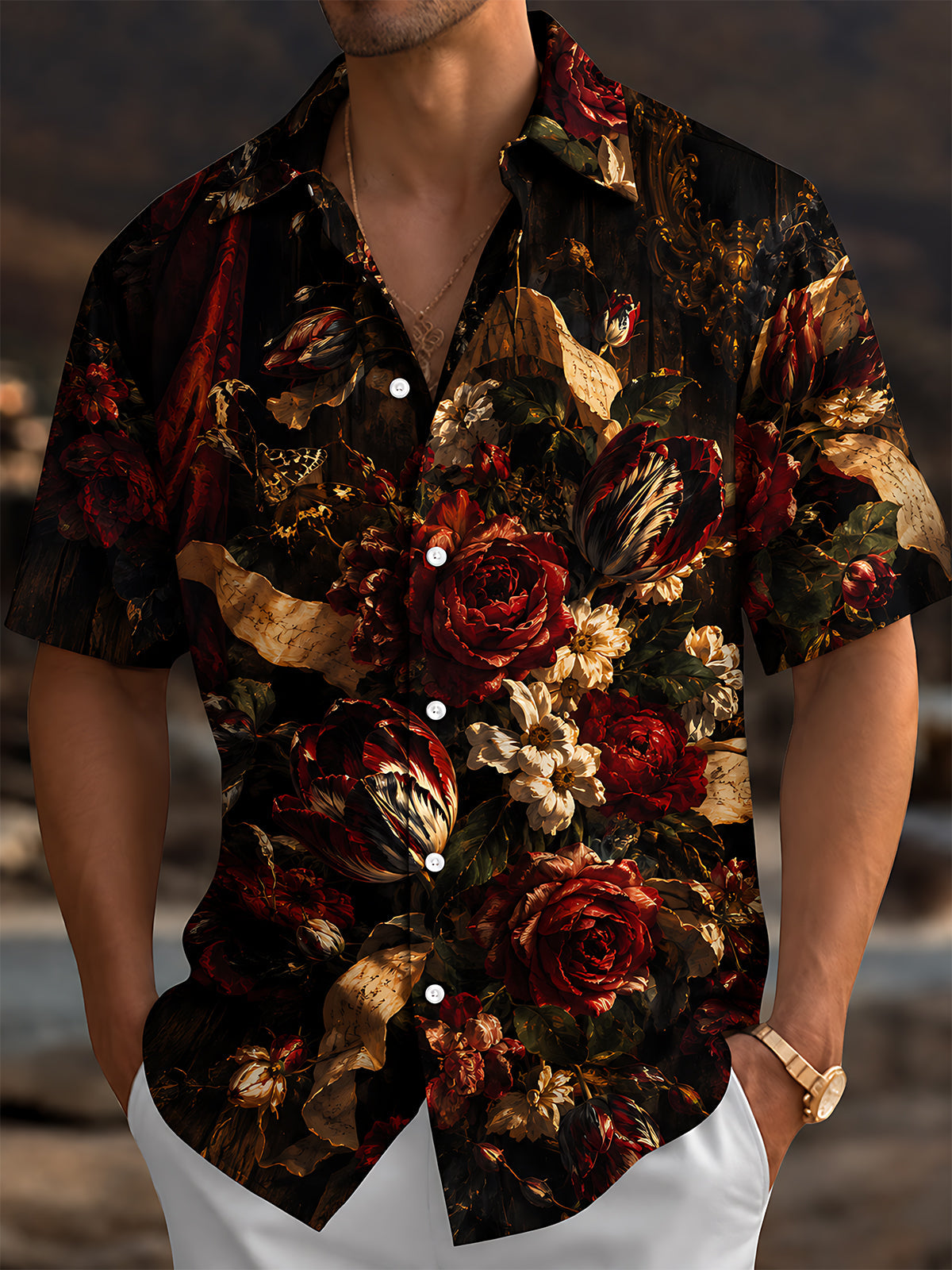 Adaychic Men's Vintage Style Dark Floral Bouquet Print Short Sleeve Shirt with Chest Pocket