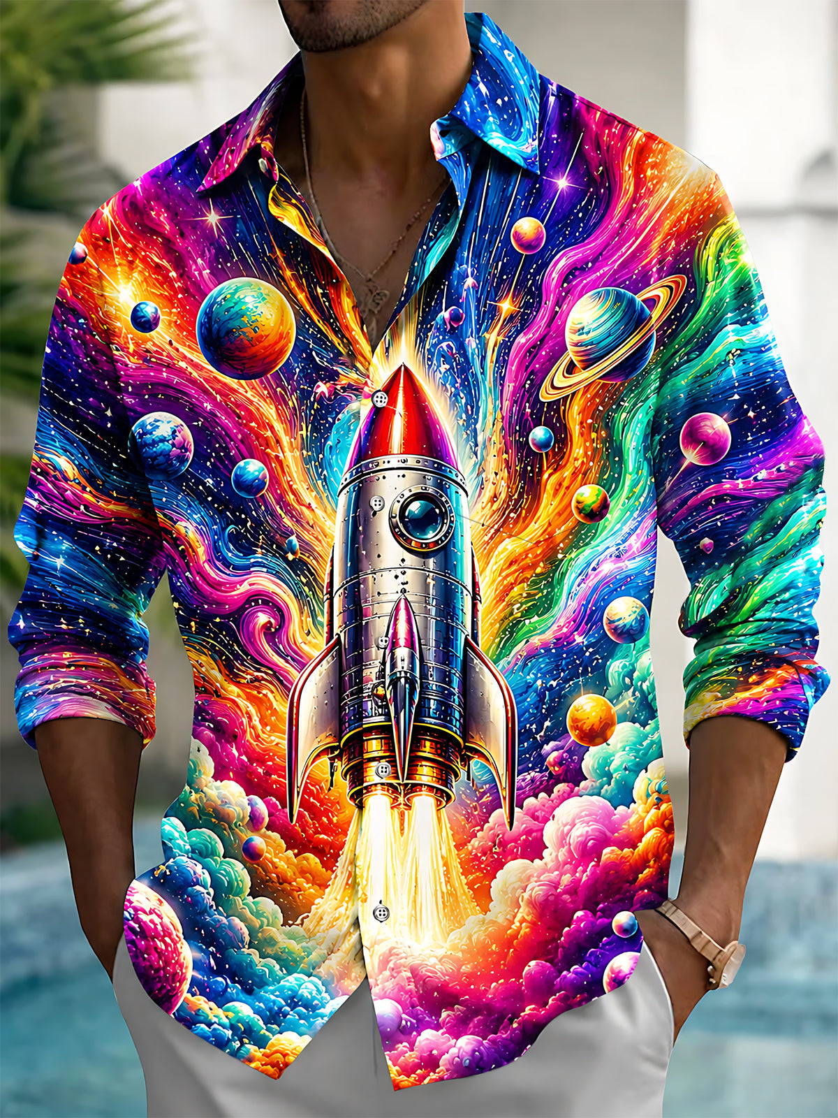 Adaychic Men's Graphic Rocket Launch Print Long Sleeve Shirt with Chest Pocket