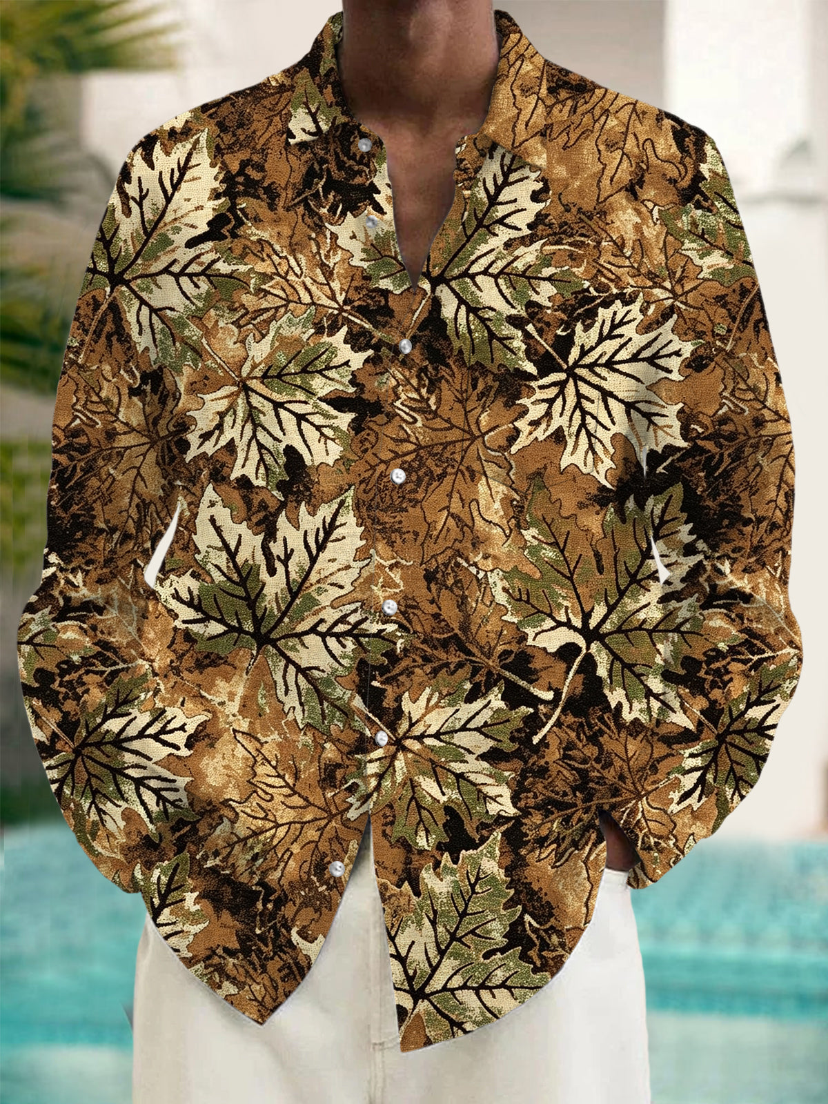 Adaychic Men's Printed Maple Leaf Camouflage Print Long Sleeve Shirt with Chest Pocket