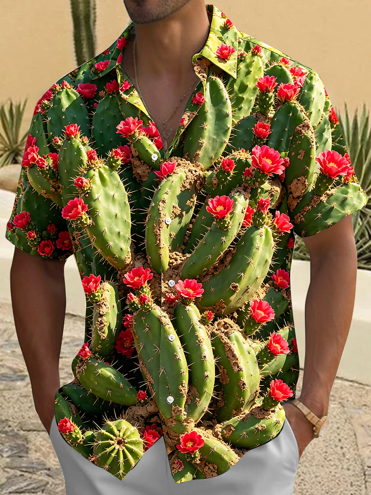 Adaychic Men's Hawaiian Cactus With Red Flowers Print Short Sleeve Shirt with Chest Pocket