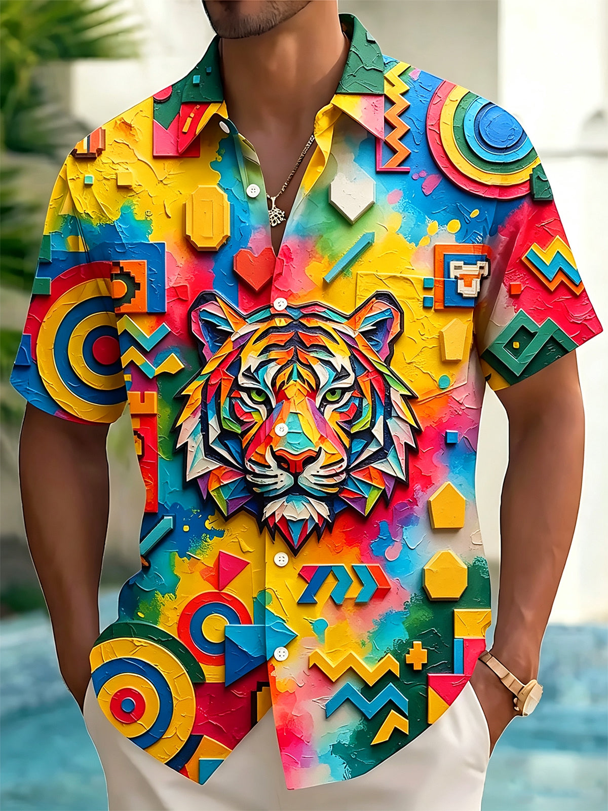 Adaychic Men's Graphic Colorful Geometric Tiger Print Short Sleeve Shirt with Chest Pocket