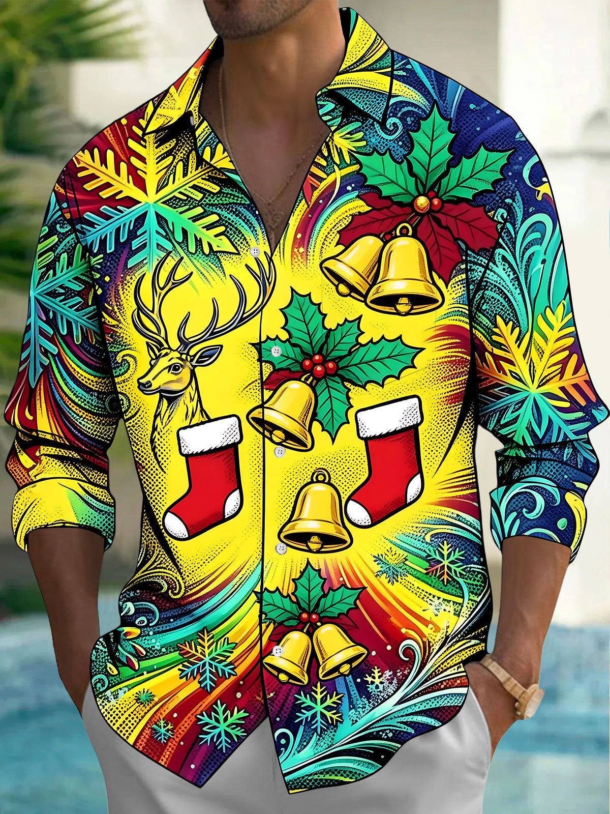Adaychic Men's Graphic Christmas Reindeer Print Long Sleeve Shirt with Chest Pocket