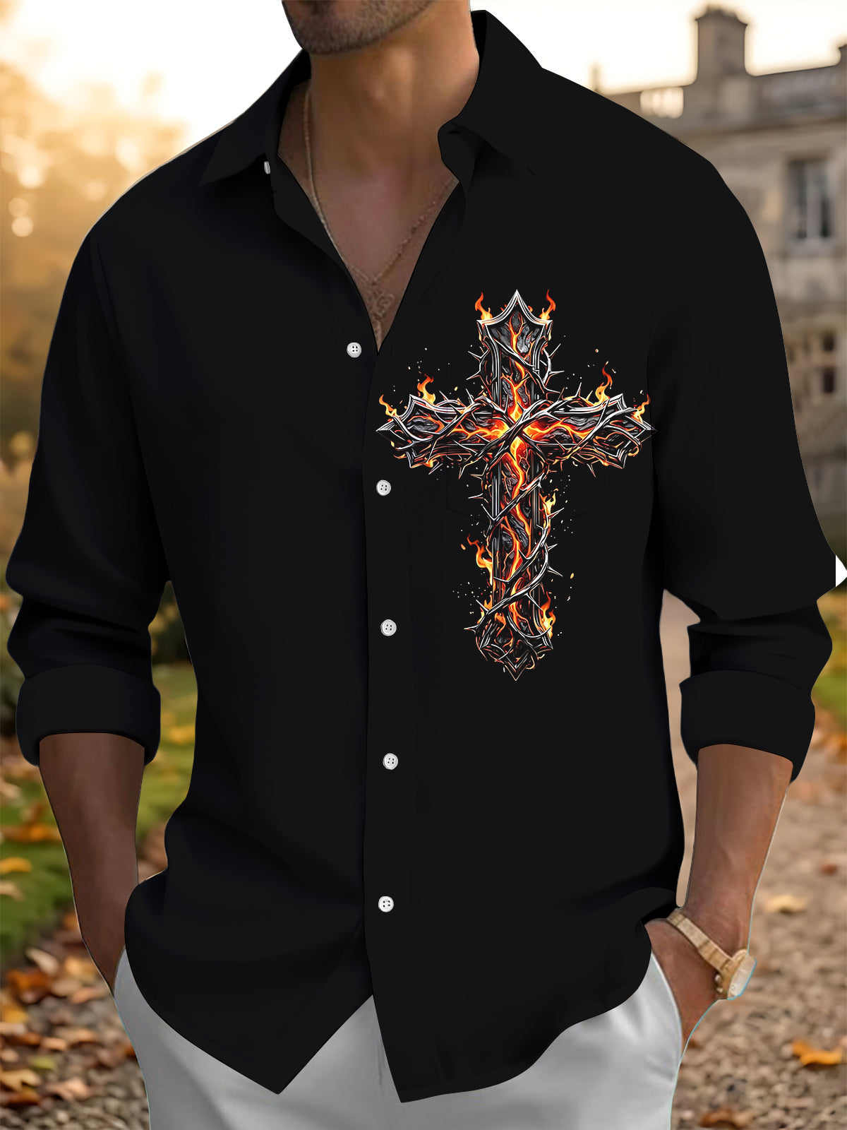 Adaychic Men's Graphic Pattern Print Long Sleeve Shirt with Chest Pocket