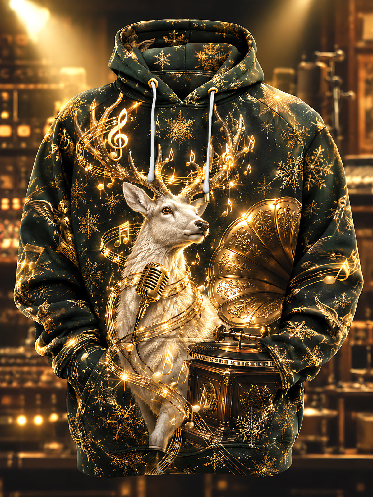 Adaychic Men's Graphic Golden Reindeer Print Long Sleeve Hoodie with Chest Pocket