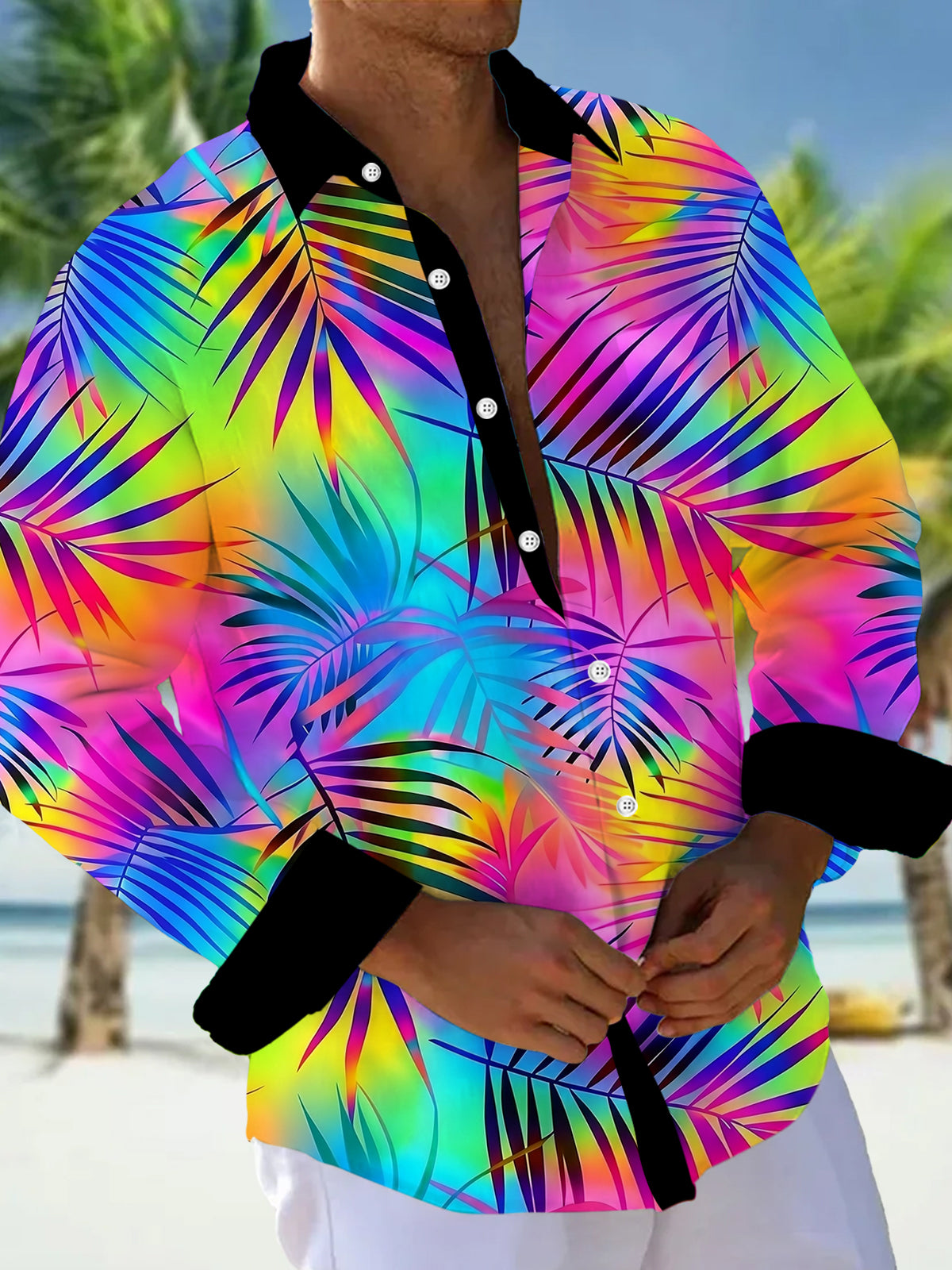 Adaychic Men's Hawaiian Tropical Rainbow Gradient Palm Leaf Print Long Sleeve Button Down Shirt with Chest Pocket