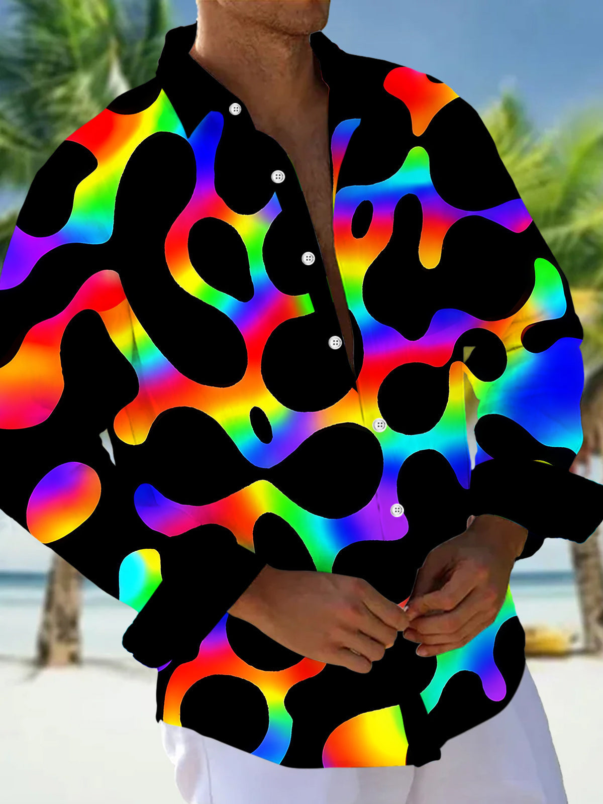Adaychic Men's Graphic Rainbow Gradient Abstract Cow Print Long Sleeve Button Down Shirt with Chest Pocket