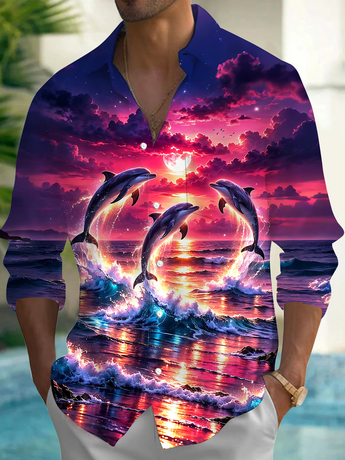 Adaychic Men's Graphic Dolphin Ocean Sunset Print Long Sleeve Button Down Shirt with Chest Pocket