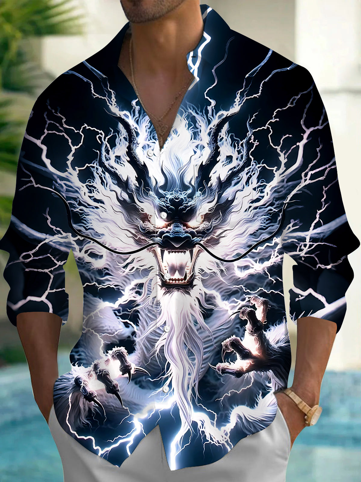 Adaychic Men's Graphic 3D Lightning Dragon Print Long Sleeve Button Down Shirt with Chest Pocket