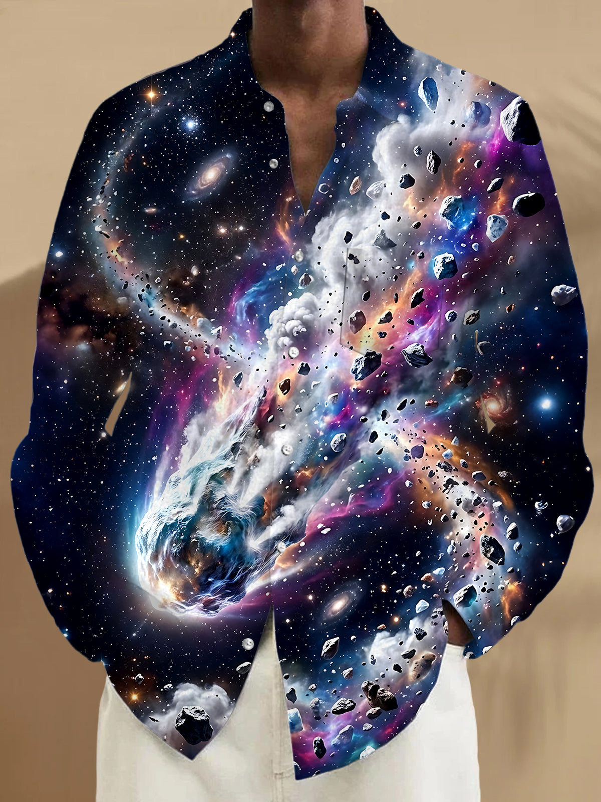 Adaychic Men's Graphic Galaxy Asteroid Space Print Long Sleeve Button Down Shirt with Chest Pocket