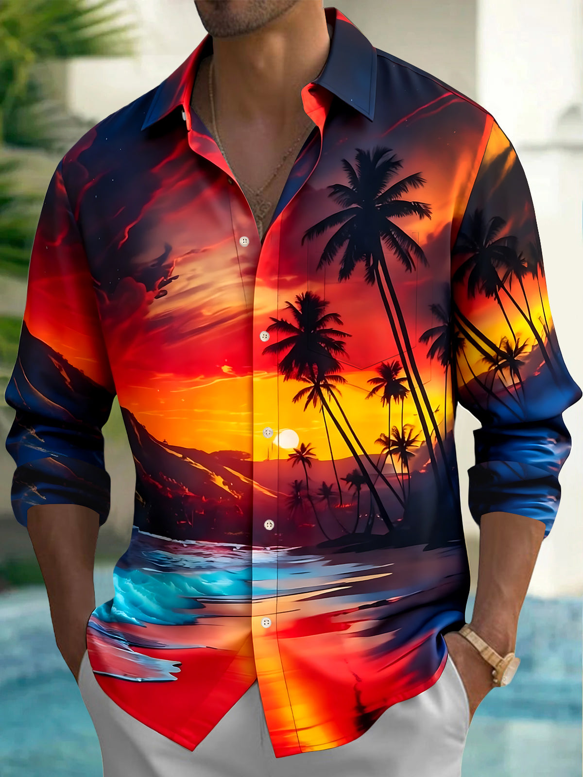 Adaychic Men's Hawaiian Tropical Sunset Palm Tree Print Long Sleeve Button Down Shirt with Chest Pocket