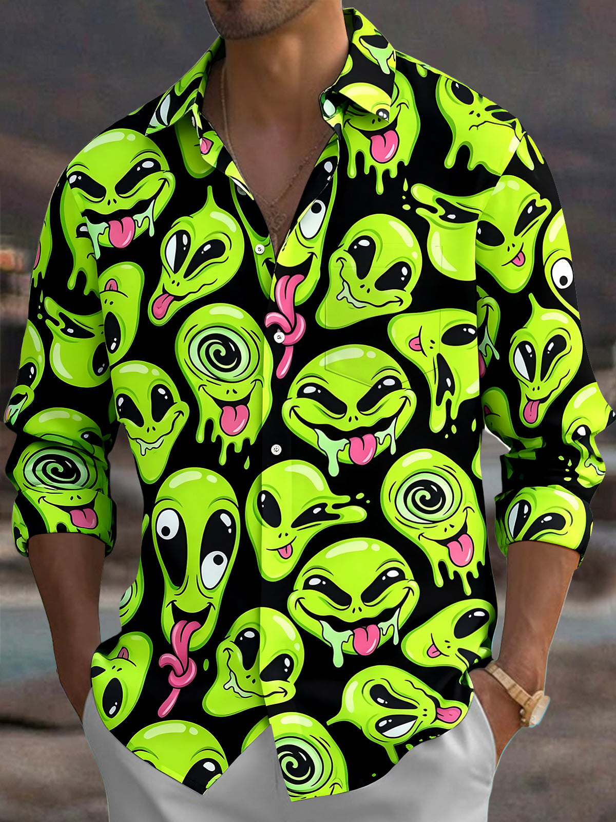 Adaychic Men's Graphic Green Alien Head Pattern Print Long Sleeve Button Down Shirt with Chest Pocket